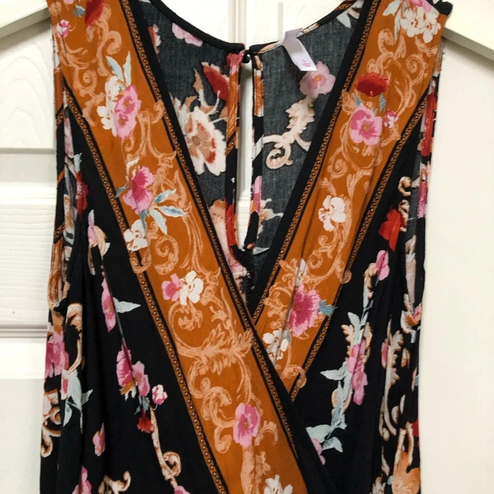 ❄️3/$30 Black Floral Wrap Romper with Mustard Trim - Picture 4 of 6